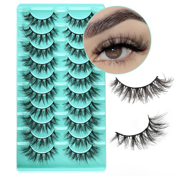 APCYUST Mink Lashes Wispy Natural Eyelashes Cat Eye Wispies Fake Eyelash 10 Pairs Fluffy Lash Strips Natural Looking Short Strip Pestañas with Soft Band for Everyday Makeup