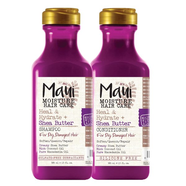 Maui Moisture Heal & Hydrate + Shea Butter Shampoo + Conditioner to Repair & Deeply Moisturize Tight Curly Hair with Coconut & Macademia Oils, Vegan, Silicone, Paraben & Sulfate-Free, 13 Fl Oz
