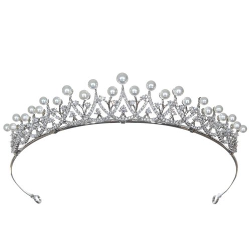 SAMKY Princess Cubic Zirconia Crystal Platinum Plated Pearl Bridal Tiara Crown T1265