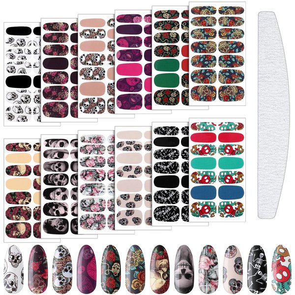 Maitys 168 Pieces Skull Full Wrap Nail Stickers Gothic Art Full Wraps Nail Polish Stickers 3D Self Adhesive Nail Decal Strips with Nail File Girls Nail Decoration