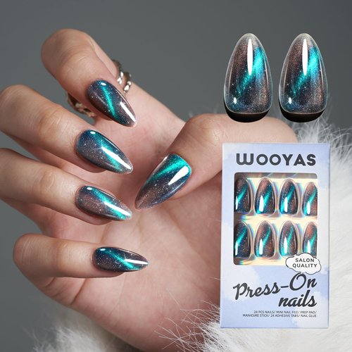 Cat Eye Press on Nails Almond, Grey Medium Handmade Fake Nails with Green Glitter Design, Glossy Salon Perfect Magnetic Gel Bling Nails in 12 Sizes - 24 Pcs Nails Kit for Women Girls