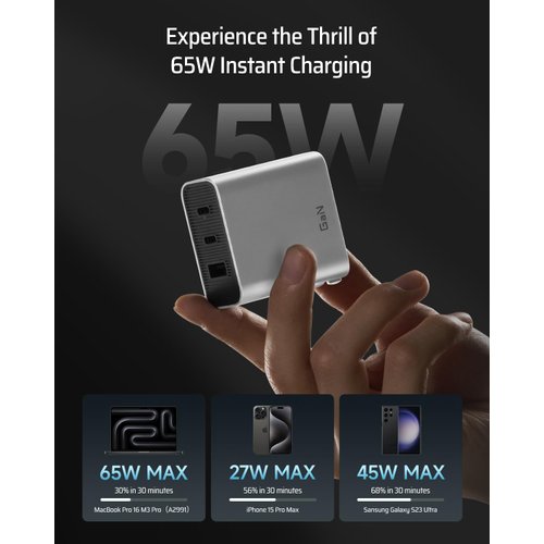 CUKTECH 65W USB C Charger, GaN III PD Fast Charger, PPS 3-Port Compact Foldable Adapter Compatible with MacBook Pro/Air, Dell XPS 13, iPhone 16/15Pro, Switch, Steam Deck, Galaxy S24 (Silvery, 3-Port)