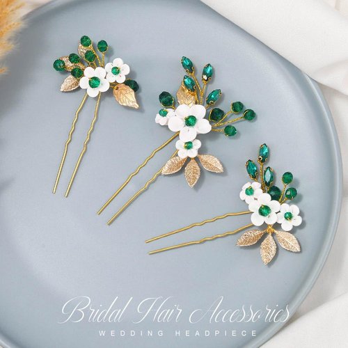 Heread Green Crystal Bride Wedding Hair Pins Flower Bridal Hair Pieces Gold Leaf Hair Accessories for Women and Girls (Pack of 3) (Gold)