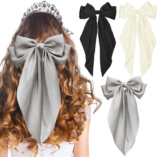 LSxia 3PCS Hair Bows for Women, [Black & Gray & Beige White] Hair Bows for Hair, Big Silky Satin Hair Bow Hair Ribbons, Bow Hair Clips Bow Clips for Women, Cute Hair Accessories (Set E)