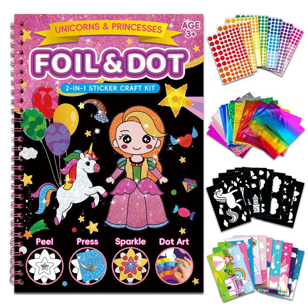 Foil & Dot Art & Crafts for Kids,2-in-1 No Mess Sticker,Unicorns & Princesses Toy Kit,Birthday Christmas Gifts for Girls & Boys,Travel Toys for Kids Ages 4,5,6,7,8,9 (Unicorns & Princesses)