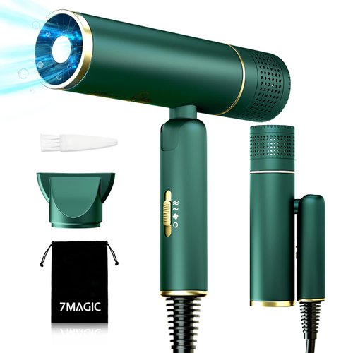 7MAGIC Fast-drying Hair Dryer, Foldable Ionic with Storage Bag for Travel, Lightweight Portable Hairdryer for Women & Men, Negative, 2 Heating/Cold/2 Speed Settings, Green