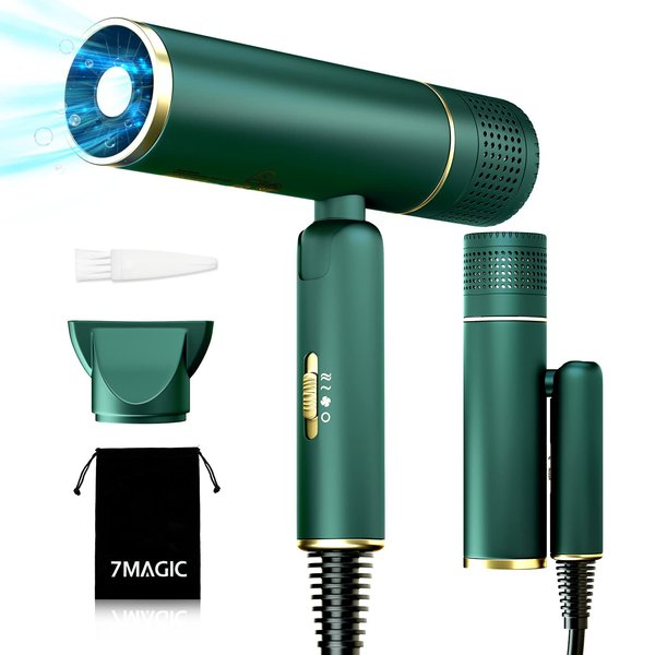 7MAGIC Fast-drying Hair Dryer, Foldable Ionic with Storage Bag for Travel, Lightweight Portable Hairdryer for Women & Men, Negative, 2 Heating/Cold/2 Speed Settings, Green