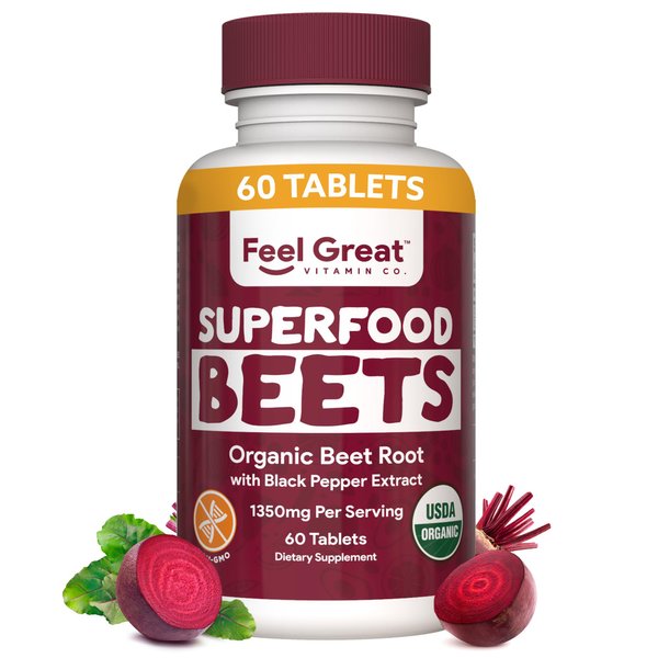 Feel Great Vitamins Organic Beet Root Powder Supplements (Tablets) | Beets Nitric Oxide Supplement | Red Beet Powder Support Healthy Circulation with Natural Nitrates for Natural Energy*