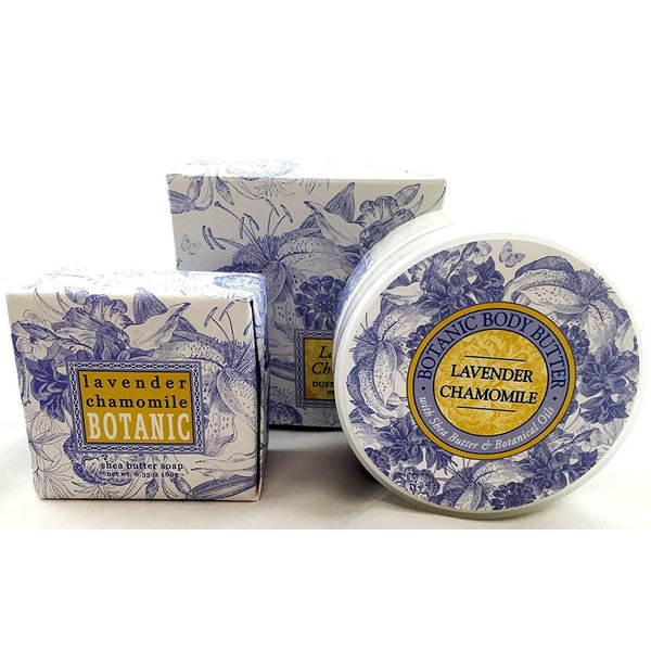 Greenwich Bay LAVENDER CHAMOMILE 3 Piece Beauty Gift Set of : BODY BUTTER, SPA SOAP, and DUSTING POWDER