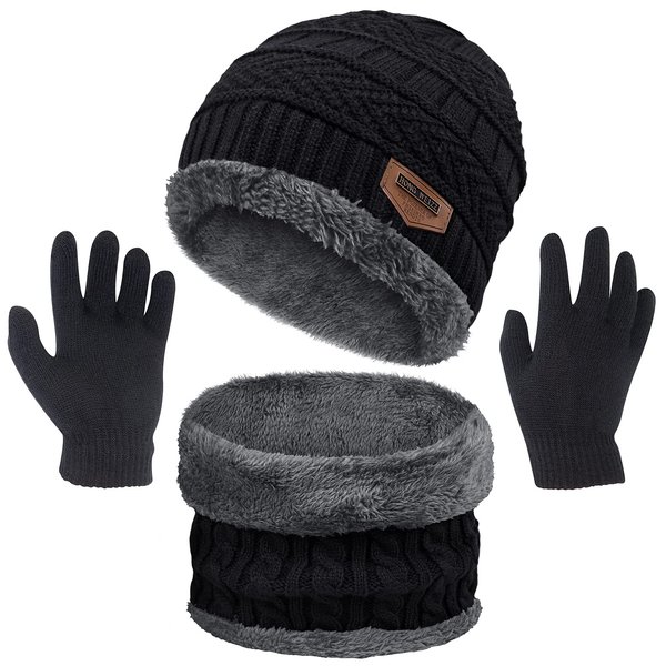 3 Pcs Boys Girls Winter Beanie Hat Scarf Gloves Set Thick Knitted Warm Toddler Winter Hat Mittens Neck Warmer for Kids, Black