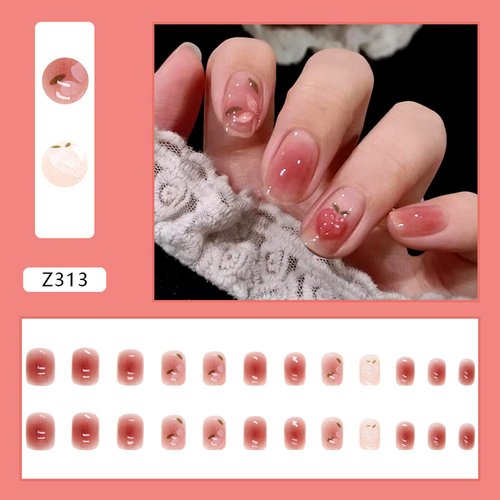 Blush Press on Nails Short Square Fake Nails Honey Peach Camellia Designs False Nails Full Cover Glue on Nails Coffin Acrylic Artificial Nails for Women Girls Stick on Nails Supplies Set 24Pcs
