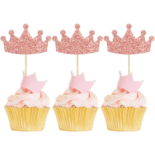 Ephlyn 24Pcs Crown Cupcake Toppers Glitter Queen Crown Cupcake Picks for Queen Princess Theme Baby Shower Girls Wedding Birthday Party Cake Decorations Supplies Rose Gold