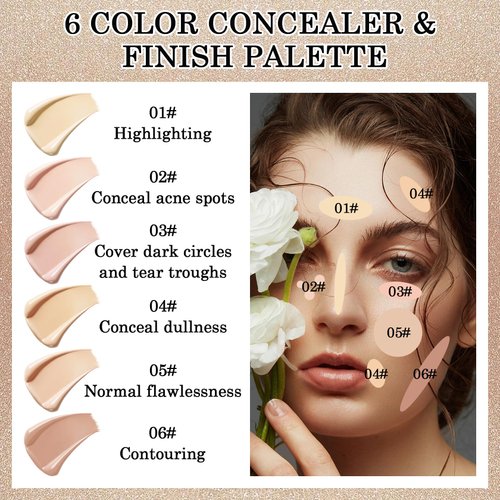 6 Colors Correcting Concealer Cream Contour Palette,Long Lasting Concealer Cream Makeup Palettes with Concealer Brush,Multi-purpose Contouring Liquid Foundation Makeup Kit