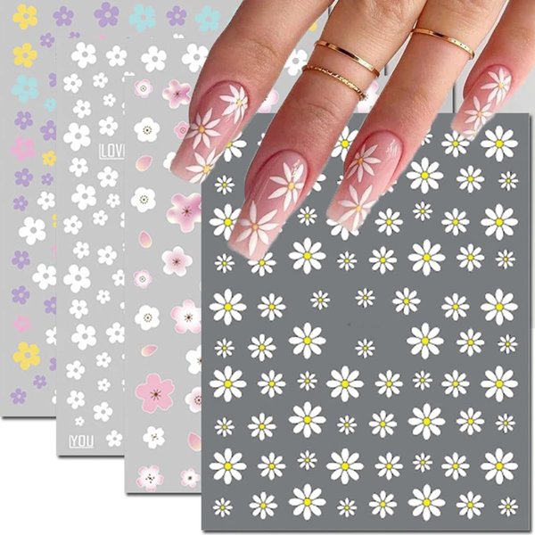 Flower Nail Art Stickers Decals Floral Daisy Nail Decals Spring Summer 3D Self-Adhesive Nail Art Supplies Pink White Petals Flowers Spring Nails Transfer Sticker for Manicure Nail Art Decoration 6PCS