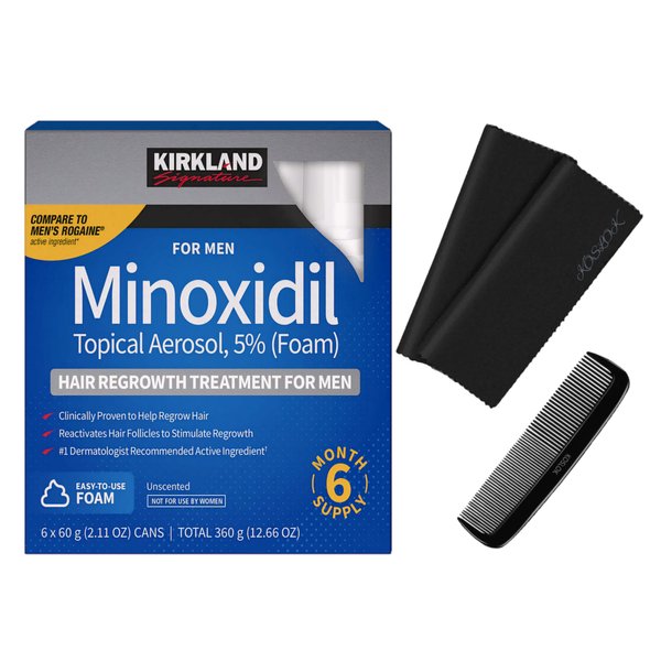 Kirkland Signature Hair Regrowth Treatment Minoxidil Foam for Men, 2.11 oz, 6 Count (6 Month Supply) - Exclusive 2 MicroFiber Cleaning Cloths and Comb Included, Clear