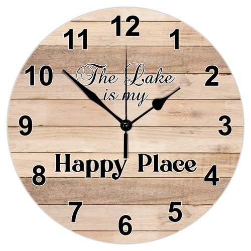 Rustic Wooden Wall Clock Lake is Happy Place Easy to Read Easy to Use Wood Clock Funny Wall Wooden Clock Retro Wall Decorations Decoration for Dining Room Study Living Room Lake House Decor
