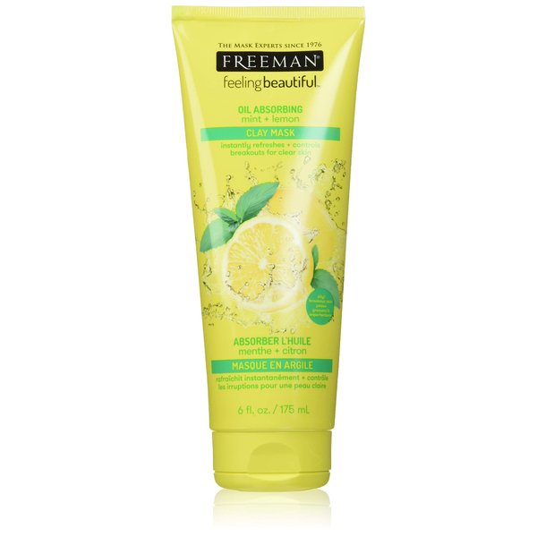 FREEMAN Oil Absorbing Mint & Lemon Clay Mask, Facial Mask, Skincare, 6 fl oz tube/175 mL