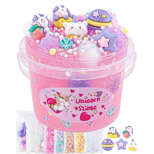 10 FL OZ Unicorn Slime Kit, Pink Clear Slime Bucket, Slime Party Favors for Kids, Glimmer Crunchy Slime Includes 9 Packs of Slime Add-ins, Stress Relief Slime Kit for Girls and Boys Ages 8-12