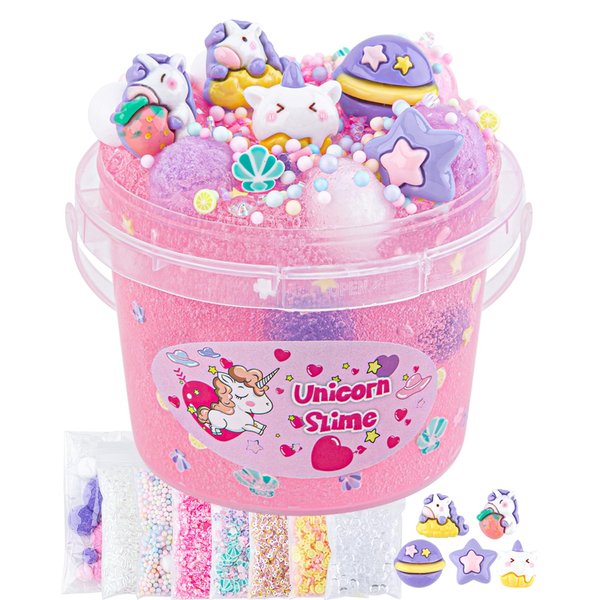 10 FL OZ Unicorn Slime Kit, Pink Clear Slime Bucket, Slime Party Favors for Kids, Glimmer Crunchy Slime Includes 9 Packs of Slime Add-ins, Stress Relief Slime Kit for Girls and Boys Ages 8-12