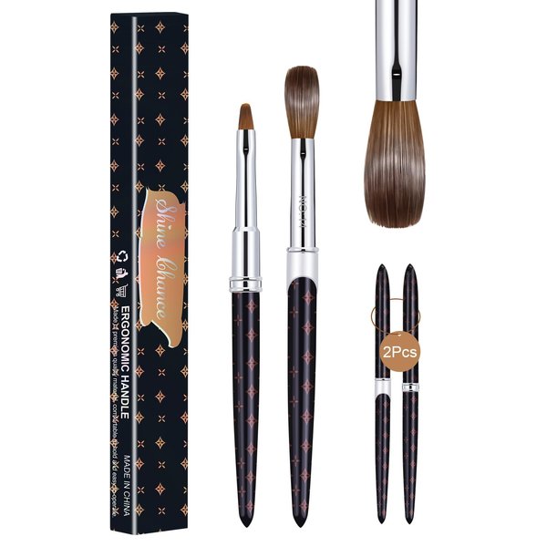 Shine Chance 2Pcs Acrylic Nail Brushes Set, 100% Pure Kolinsky Size 14 Nail Art Brush & Small Clean Up Brush, Art Design & Polish Mistake Cleaning Manicure Tools for Women Acrylic Application