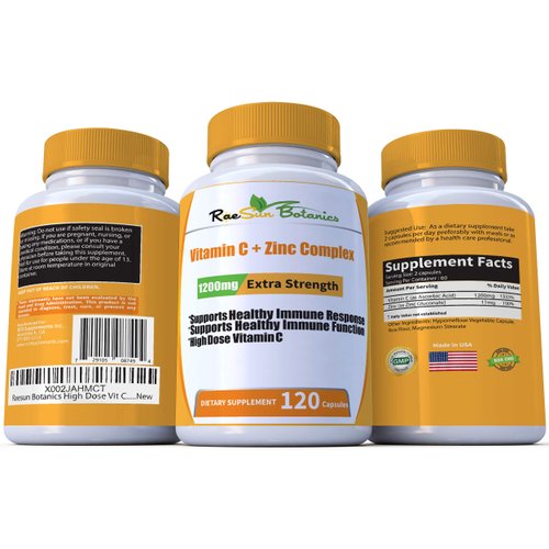 RaeSun Botanics High Dose Vitamin C + Zinc Complex for Immune Support Health 120 Capsule 2 Month Supply Vegetable Capsule by RaeSun Botanics