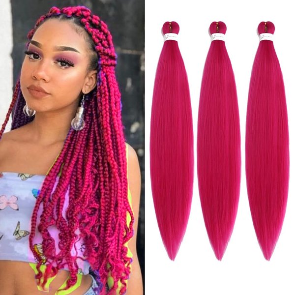 Pre Stretched Braiding Hair Extensions 30 Inch 3 Packs Long Professional Crochet Twist Braids Hair Synthetic Box Braiding Hair Hot Water Setting Soft Yaki Texture(30 Inch,Hot Pink)