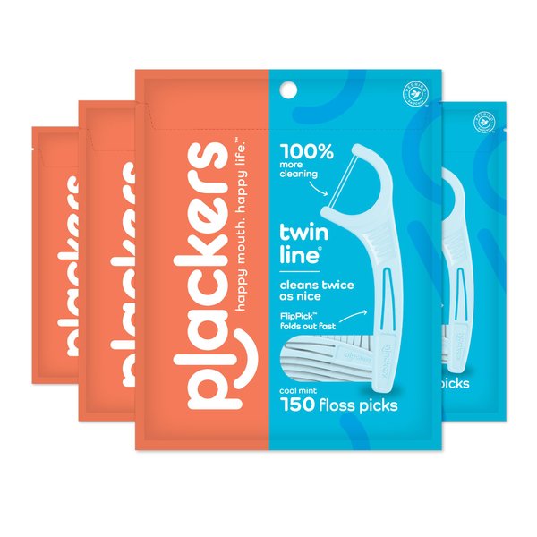 Plackers Twin-Line Dental Flossers, Advanced Whitening and Dual Action Flossing System, Easy Storage, Super Tuffloss, 2X The Clean, Cool Mint Flavor, 600 Count (Pack of 4)