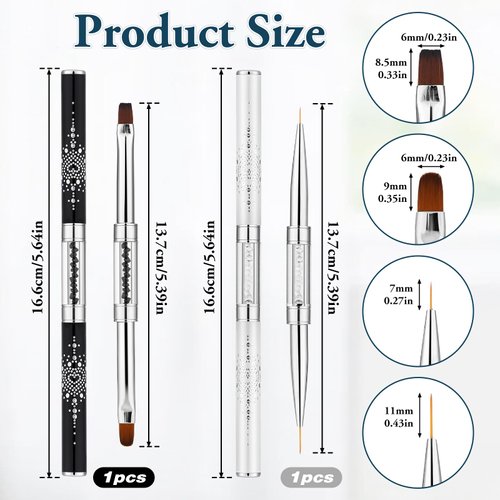2pcs Hard Gel Nail Brush, French Manicure Brush French Tip Nail Gel Liner Brush, Builder Gel Brushes for Design Nails Dual-Ended Nail Design Brushes Rhinestone Handle Nail Brush Professional Nail Art