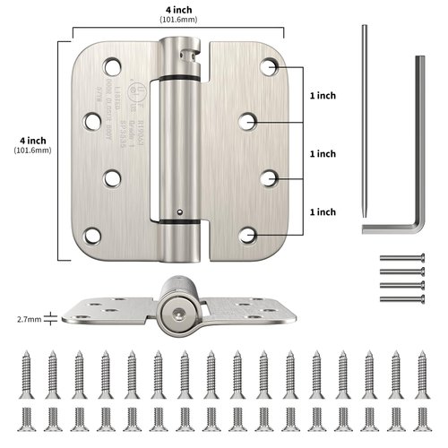 goldenwarm Pack of 2 4 inch Door Hinges Satin Nickel Self-Closing Spring Door Hinges - Heavy-Duty Spring Hinges for Interior and Exterior Doors, 5/8" Radius Corners