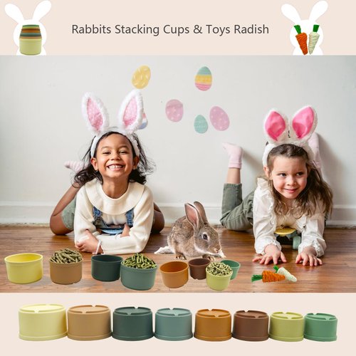 KYHSOM 8 Pcs Stacking Cups for Rabbits -2pcs Rabbit Toys Radish- Different Sizes and Colors of Reusable Bunny Stacking Cups,Small Animals Safe Plastic Foraging Play Rabbit Stacking Cups.10PCS