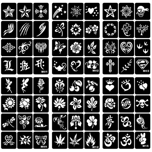 Temporary Tattoo Stencils Kit - 6 Sheets, A4 Size, Star and Floral Henna Designs for Kids and Adults - Glitter Henna Face and Body Paint Stencils