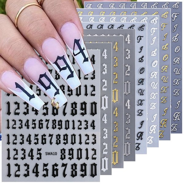 8 Sheets Old English Letter & Numbers Nail Stickers 3D Self-Adhesive Personalized Letter Nail Decals Black White Gold Silver Alphabet Nail Art Stickers Retro Numbers Nail Designs Supplies for Women