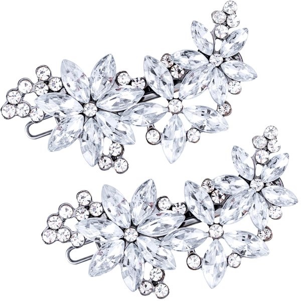 PAGOW 2Pcs Crystal Flower Bridal Hair Clips, Silver Bride Wedding Hair Accessories Hair Pins, Rhinestone Flower Wedding Headpiece for Brides Women Girls