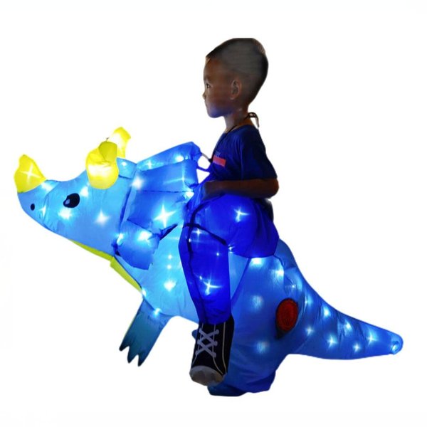 bDDeDD Kids Inflatable Costume, Triceratops Dinosaur Halloween Cosplay Costume with LED Light for Cosplay Party Blue XS