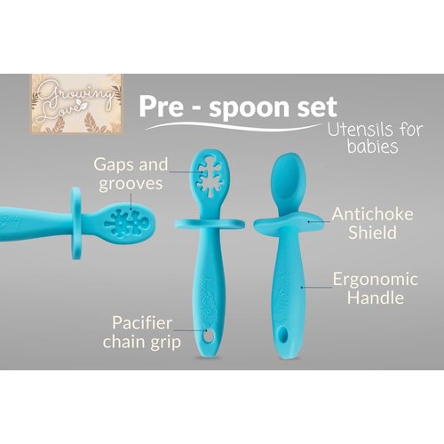Growing Love Baby Spoons Set, Self Feeding 6 months, Pre-Spoon, Baby utensils, training spoon, cuchara bebe, blw, 100% silicone, Anti choke shield