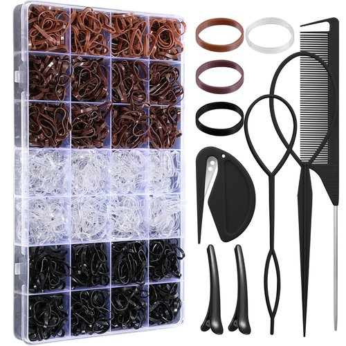 1500 Pcs Elastic Hair Bands 4 Natural Color Hair Rubber Bands for Hair Elastic Hair Ties with Organizer Box 6 Hair Styling Tools Hair Accessories for Women Girls Kids