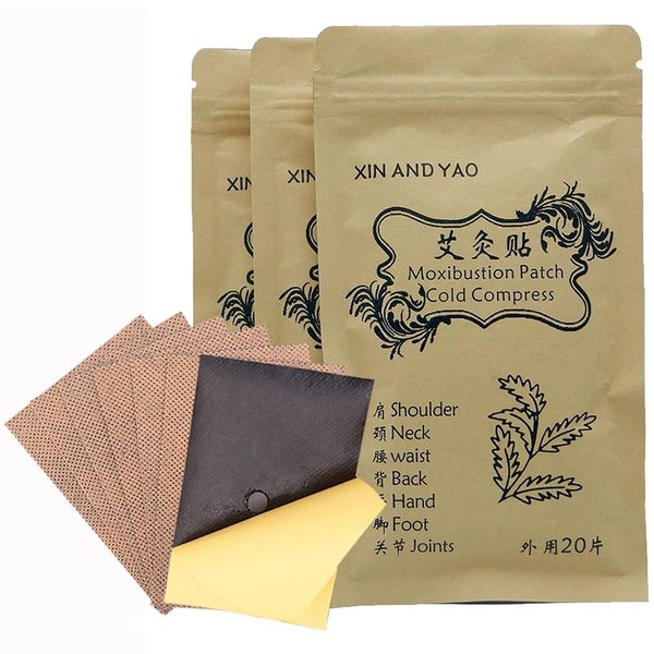 60pcs Mugwort Leaf Pads Wormwood Moxibustion Patch Foot Pads Knee Cervical Plaster for Muscle,Pain Relieve for Neck, Waist, Back, Joints, Wrist, Chinese Therapy (7 * 10cm)
