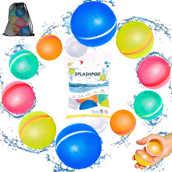 mepiie • SPLASHPOD • Reusable Water Balloons w/Mesh Bag | Self Sealing Magnet Water Bomb for Kids Adults, Eco Friendly Silicone, Outdoor Play Water Pool Games Toy Summer Fun Party Gift (12pk)