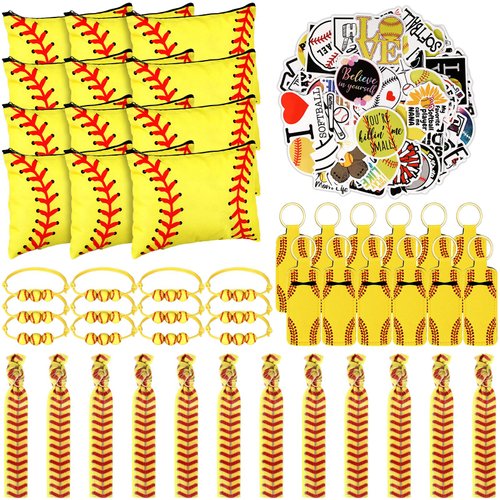 LEIFIDE 148 Pcs Softball Gift for Girls Softball Party Favors Softball Makeup Bag Softball Bracelet Keychain Stickers Hair Ties for Sport Birthday Decoration