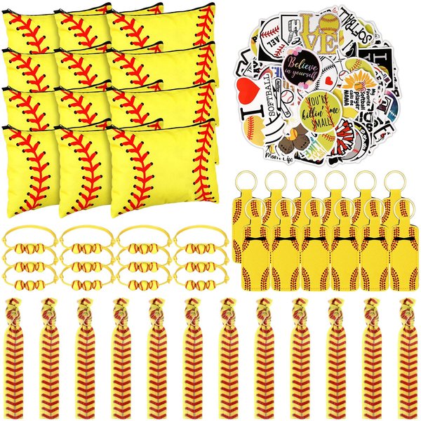 LEIFIDE 148 Pcs Softball Gift for Girls Softball Party Favors Softball Makeup Bag Softball Bracelet Keychain Stickers Hair Ties for Sport Birthday Decoration