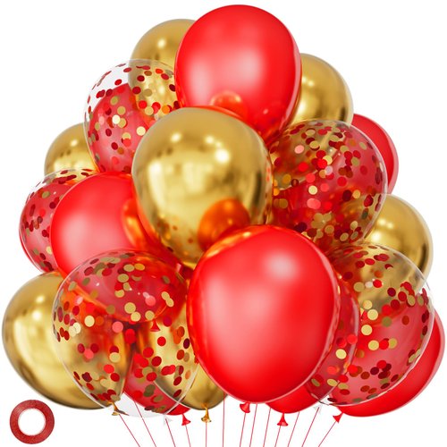Red Gold Balloons 12 inch Royal Red Latex Balloon, Metallic Gold balloons, Red Gold Mix Confetti Balloon with 1 Ribbon for Birthday Wedding Baby Shower Party Decorations. 50 Pack