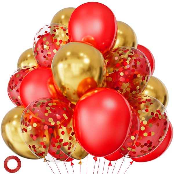 Red Gold Balloons 12 inch Royal Red Latex Balloon, Metallic Gold balloons, Red Gold Mix Confetti Balloon with 1 Ribbon for Birthday Wedding Baby Shower Party Decorations. 50 Pack