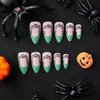 Halloween Press on Nails Medium Almond Matte Fake Nails Dark Green French Tip False Nails With Skull,Leaves Designs Full Cover Stick on Nails Acrylic Artificial Nails Glue on Nails for Women 24Pcs