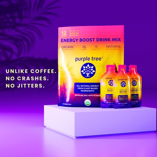 purple tree Organic Energy Stick Packets, Zero Sugar, B12 Vitamins, Lemon Ice Tea Flavor | 80mg Caffeine from Yerba Mate & Guarana to Prevent Crashing, 12 to-Go Packs