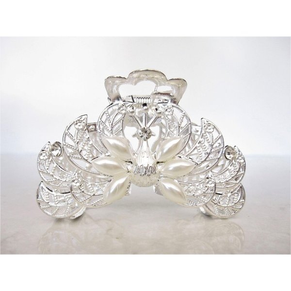 Generic Silver metal peacock faux pearl and clear crystal hair claw clip bridal clip