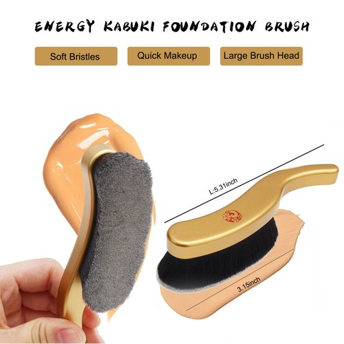 ENERGY Large Foundation Brush Flat Kabuki Brush for Liquid Cream Powder Blending Buffing Soft Vegan Synthetic Bristles Quick Makeup Cosmetics Tool Face Brush with Long Aluminum Handle Gold