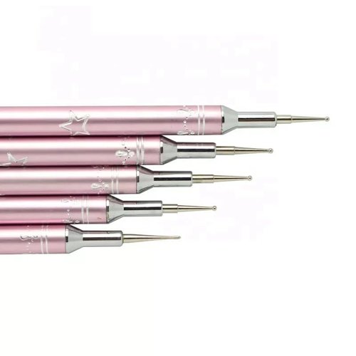 KATEOII 5PCS 2WAY Dotting Tool Nail Art Brushes, Dotting Brush For Gel Nails, Nail Painting Brush Nail Drawing Brush, Manicure Brush Acrylic Nail Brush (METAL Pink 5PK)