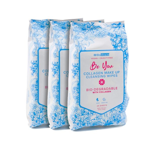 BioMiracle Be You Collagen Make Up Cleansing Wipes 3 Pack with Easy to Use Dispencer - Removes Eyeliner, Eye-Shadow, Lipstick and Mascara