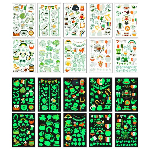 145pcs St Patricks Day luminous Temporary Tattoos,Irish Festival Glow in The Dark Tattoos,St Patrick's Day Accessories clover Tattoo Sticker,Kiss Me I'm Irish Party | Shamrock Arts and Crafts 10 sheet