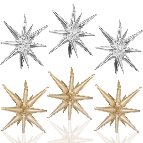 6 Pcs Star Foil Balloons One-Piece 14-Pointed Star Balloons 4D Starburst Cone Mylar Balloons 22inch Christmas Birthday Wedding Wedding Anniversary Party Supplies(Silver + Caramel Colour)